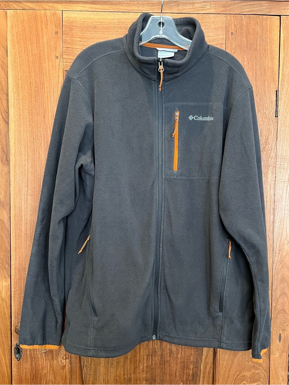Columbia Men's Dark Gray Shark Orange Trim Fleece Full Zip Jacket Pockets Size L